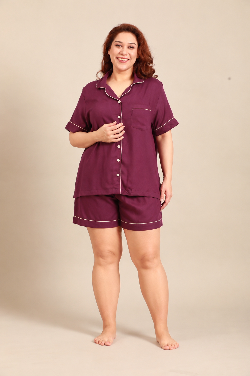 Merlot Emily Viscose Women's Curve Shorts Set - Half Sleeves
