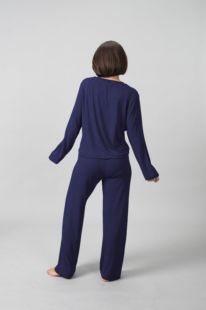 Navy Lucy Butter-Soft Cotton Knit Women's Pajama Set- Full Sleeves