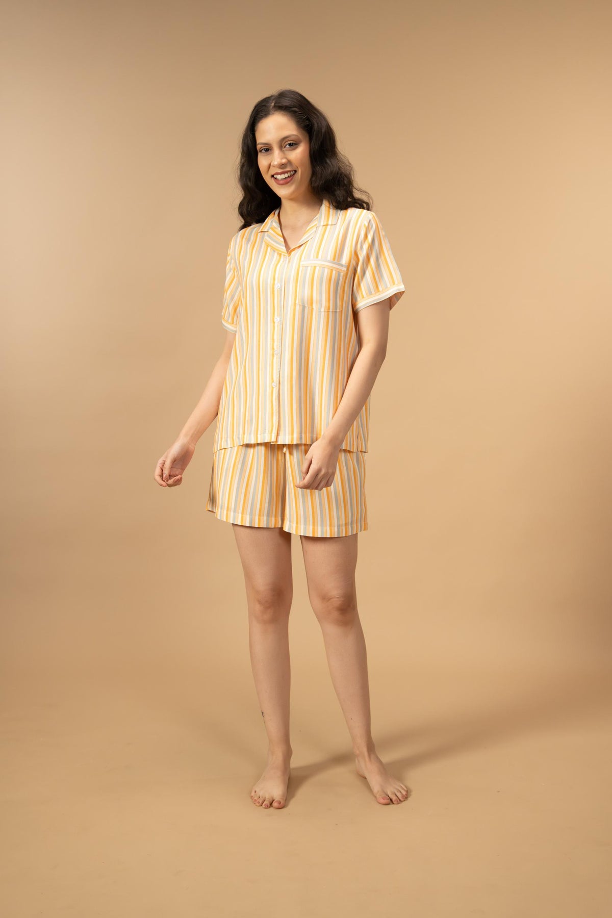 Honey Stripe Viscose Women's Shorts Set - Half Sleeves