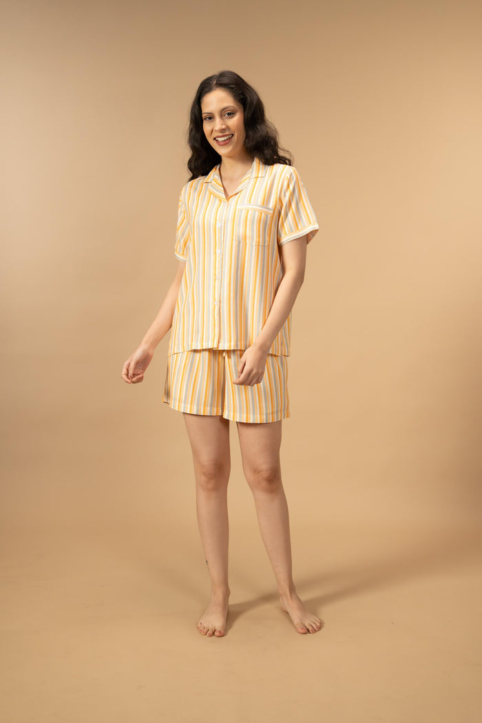 Honey Stripe Viscose Women's Shorts Set - Half Sleeves