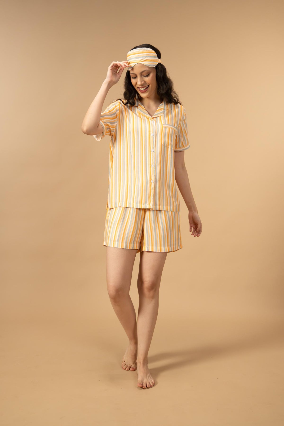 Honey Stripe Viscose Women's Shorts Set - Half Sleeves