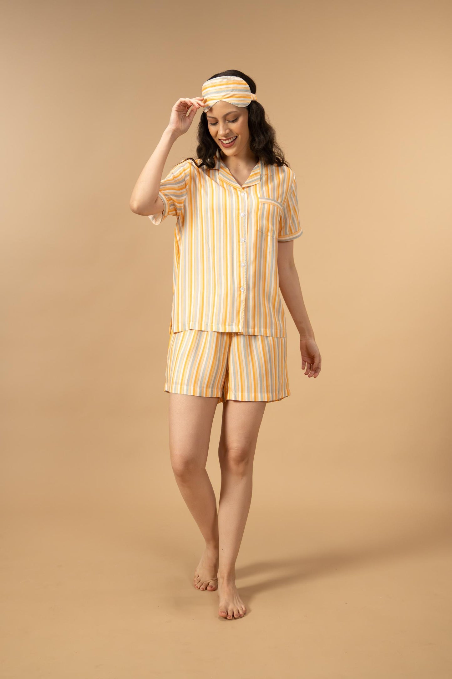 Honey Stripe Viscose Women's Shorts Set - Half Sleeves