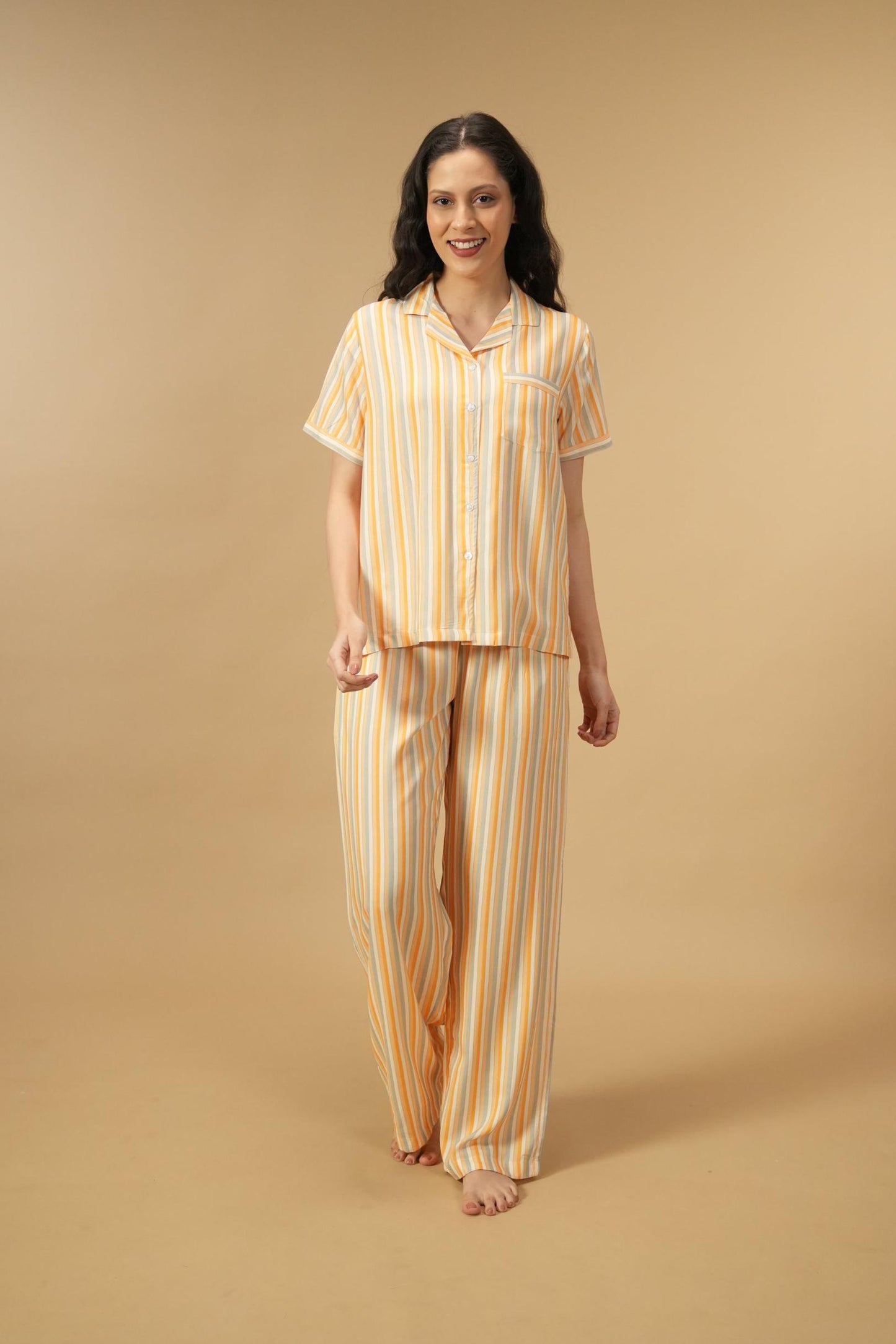 Honey Stripe Viscose Women's Pajama Set - Half Sleeves