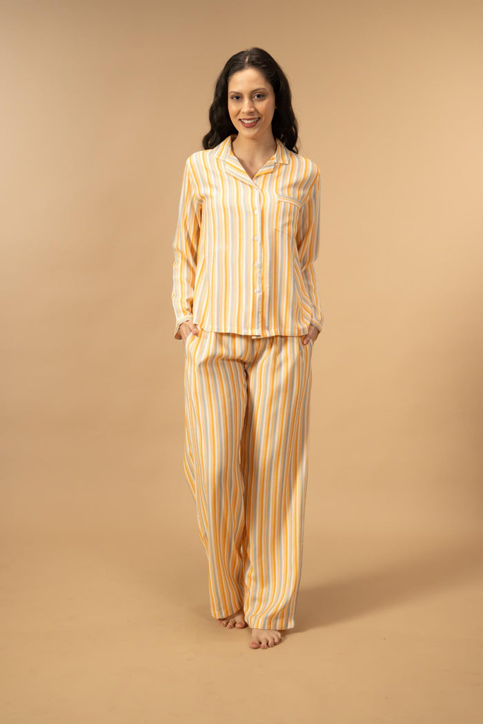 Honey Stripe Viscose Women's Pajama Set - Full Sleeves