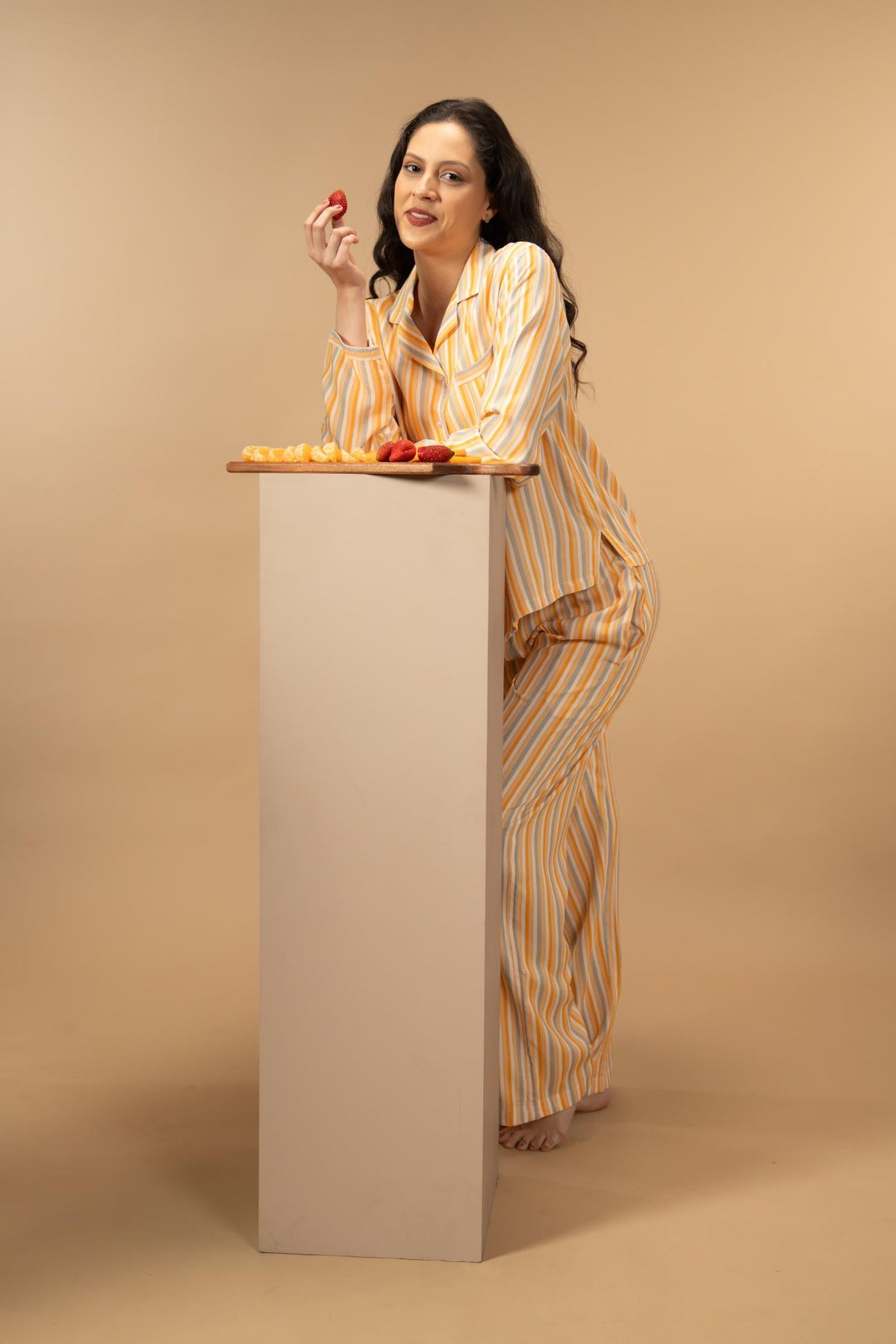 Honey Stripe Viscose Women's Pajama Set - Full Sleeves