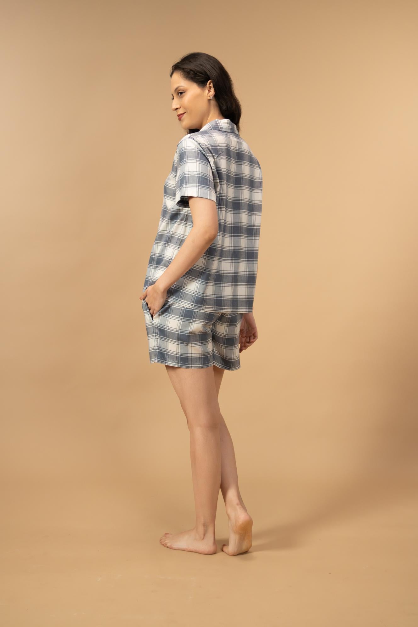 Eva Check Cotton Viscose Women's Shorts Set - Half Sleeves