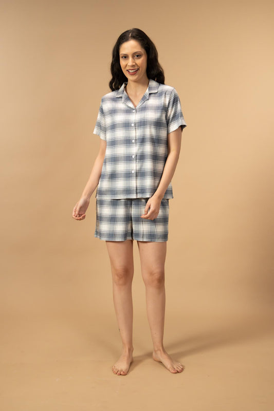 Eva Check Cotton Viscose Women's Shorts Set - Half Sleeves