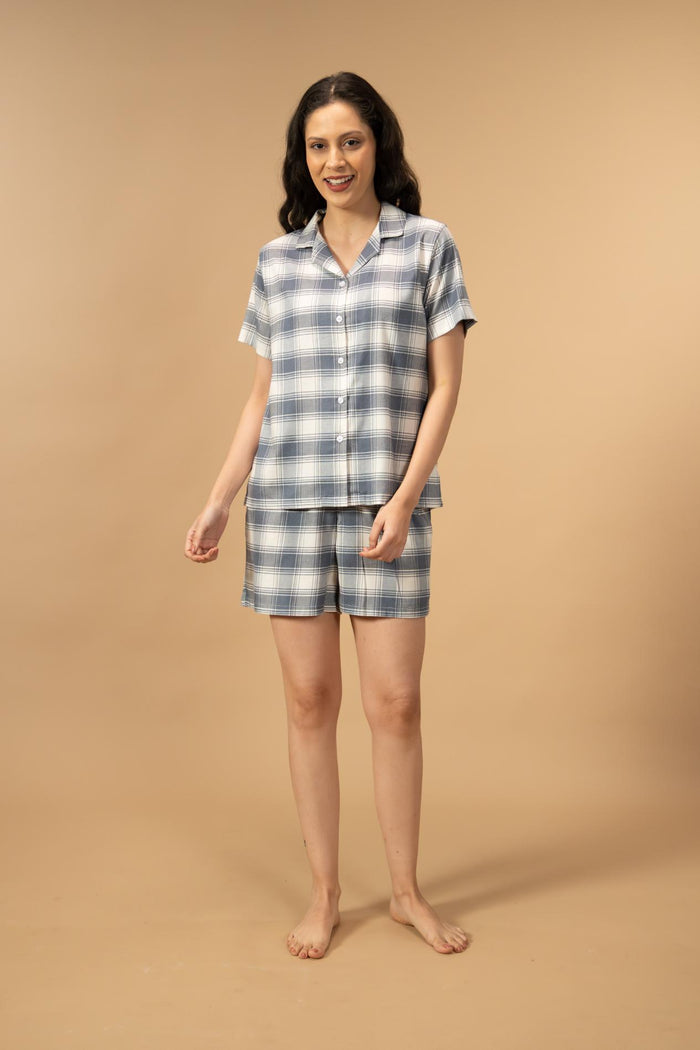 Eva Check Cotton Viscose Women's Shorts Set - Half Sleeves
