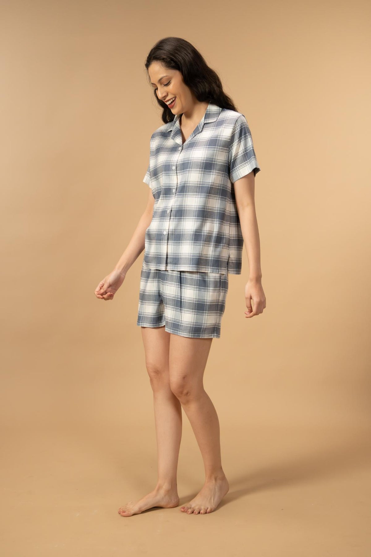 Eva Check Cotton Viscose Women's Shorts Set - Half Sleeves