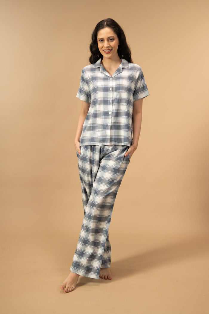 Eva Check Cotton Viscose Women's Pajama Set - Half Sleeves