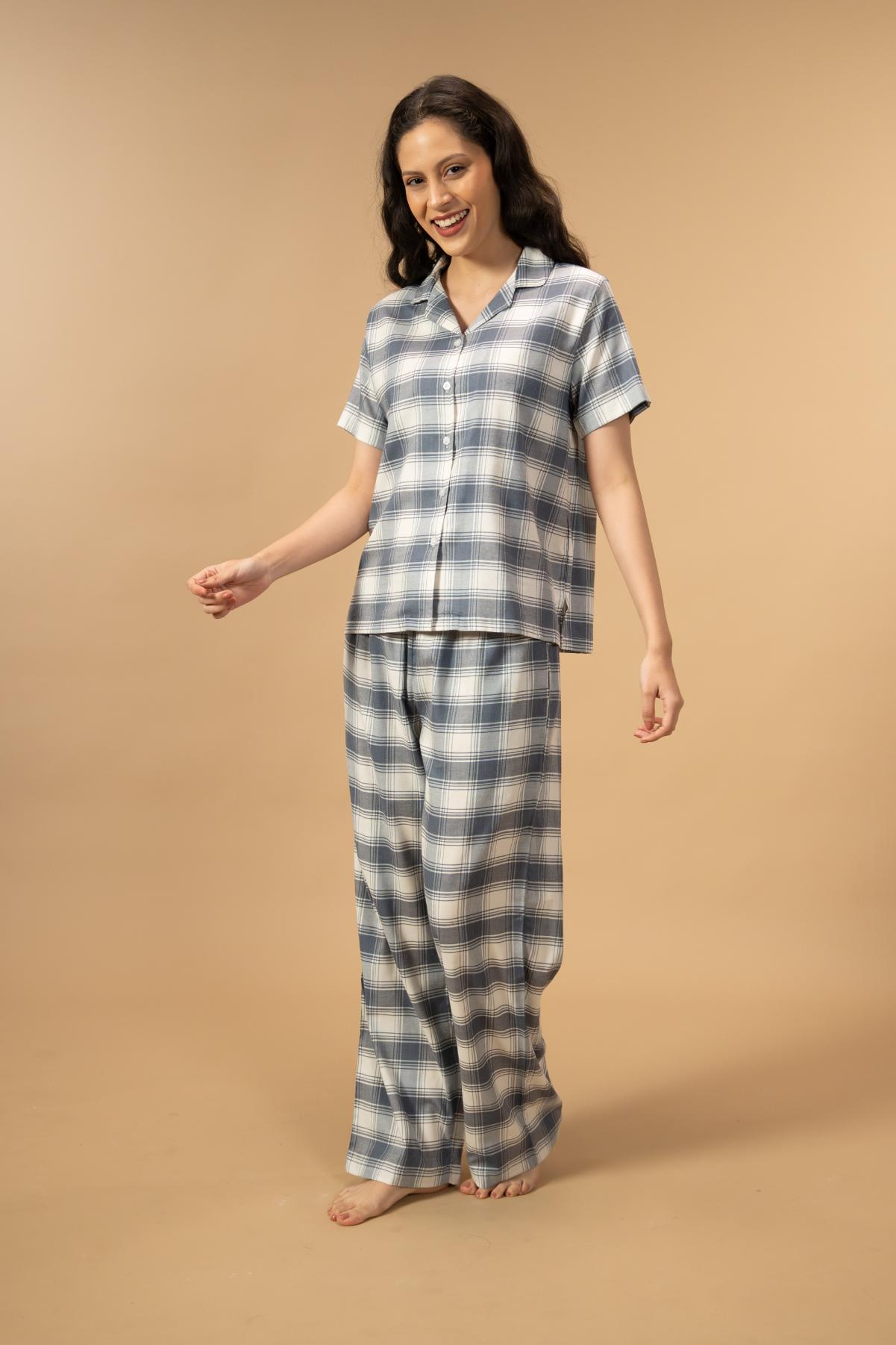 Eva Check Cotton Viscose Women's Pajama Set - Half Sleeves