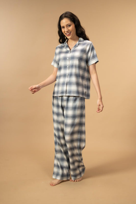 Eva Check Cotton Viscose Women's Pajama Set - Half Sleeves