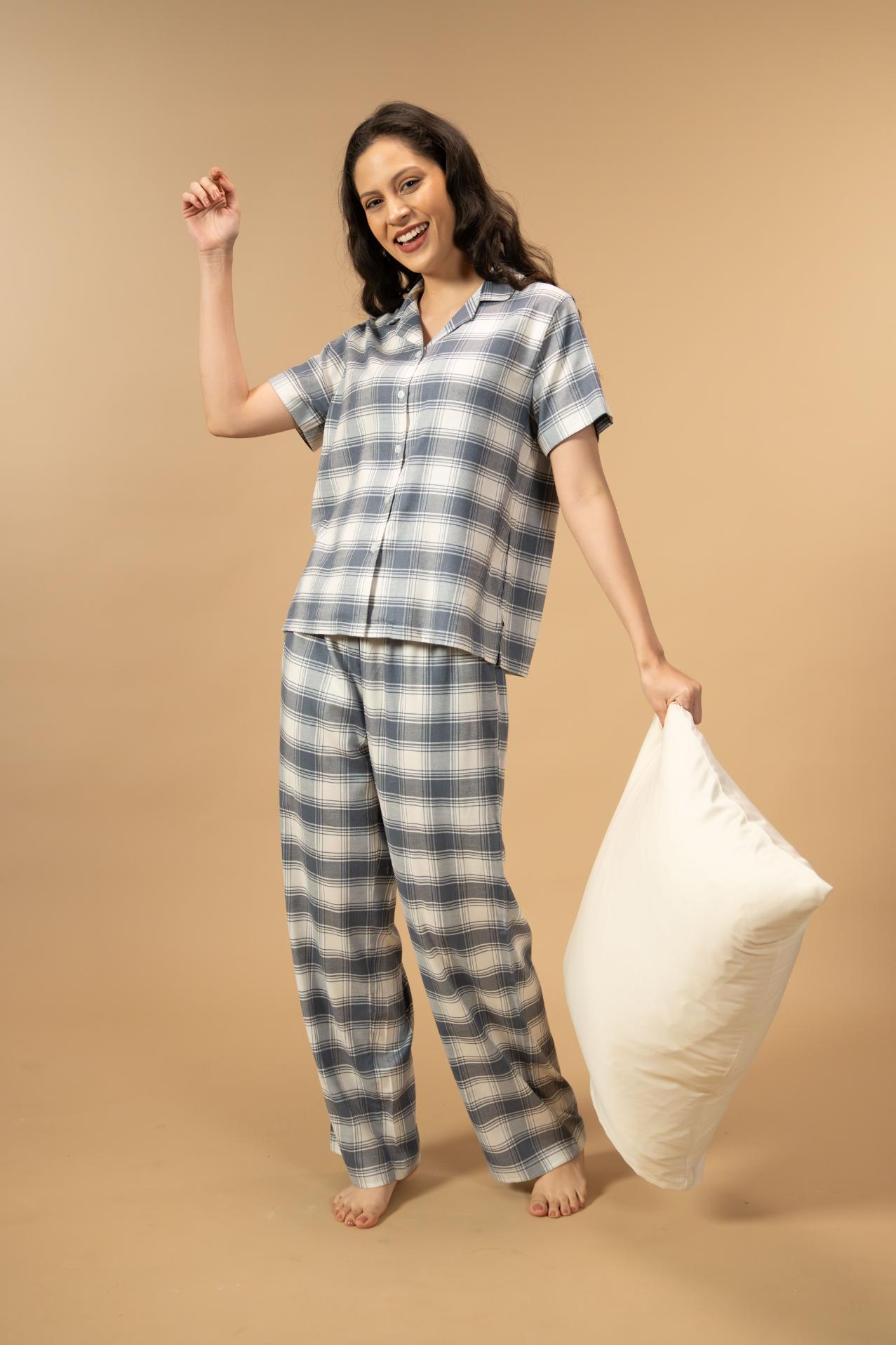 Eva Check Cotton Viscose Women's Pajama Set - Half Sleeves