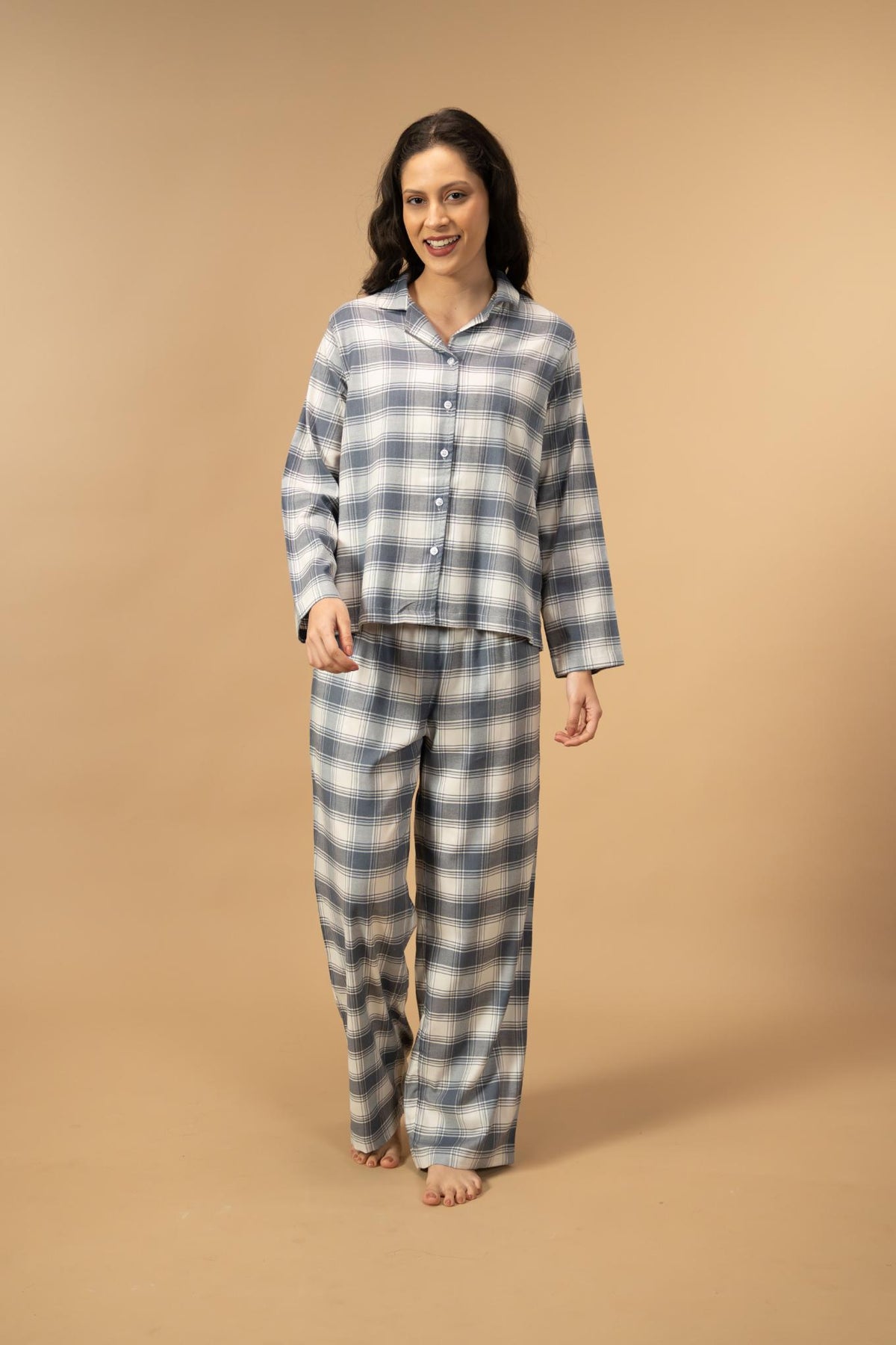 Eva Check Cotton Viscose Women's Pajama Set - Full Sleeves