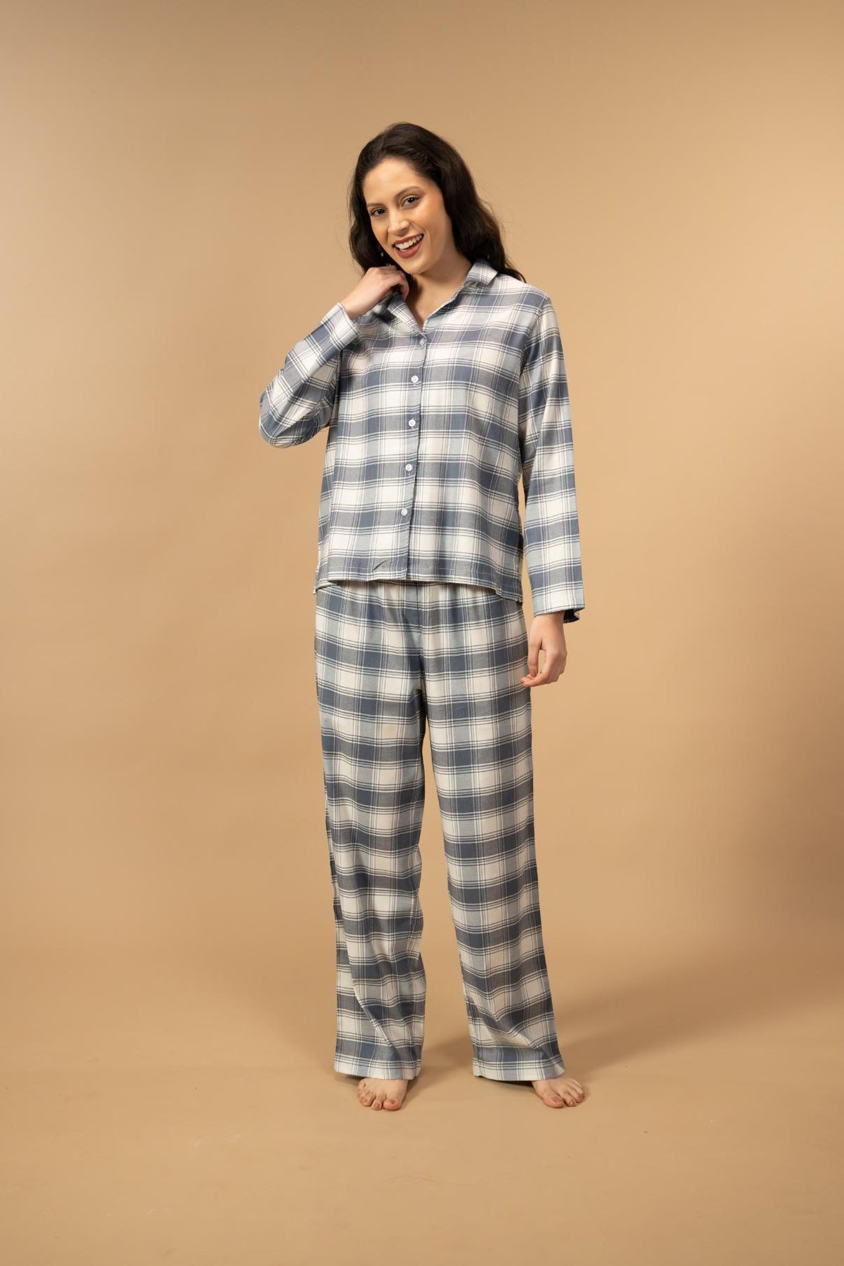 Eva Check Cotton Viscose Women's Pajama Set - Full Sleeves