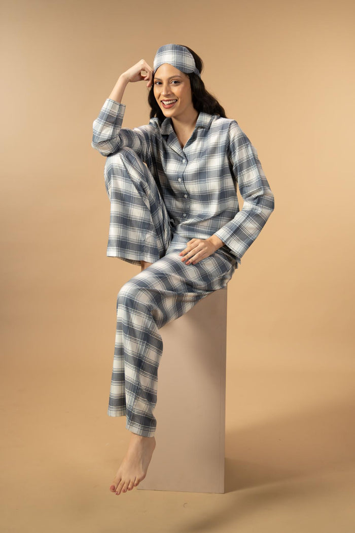 Eva Check Cotton Viscose Women's Pajama Set - Full Sleeves