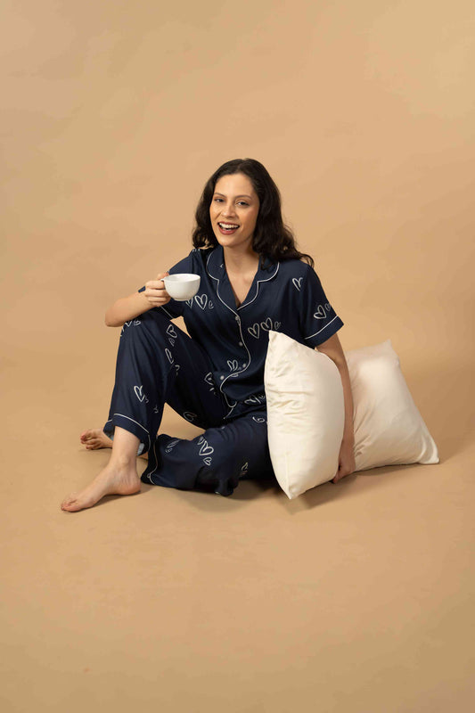 Zoey Heart Viscose Women's Pajama Set - Half Sleeves