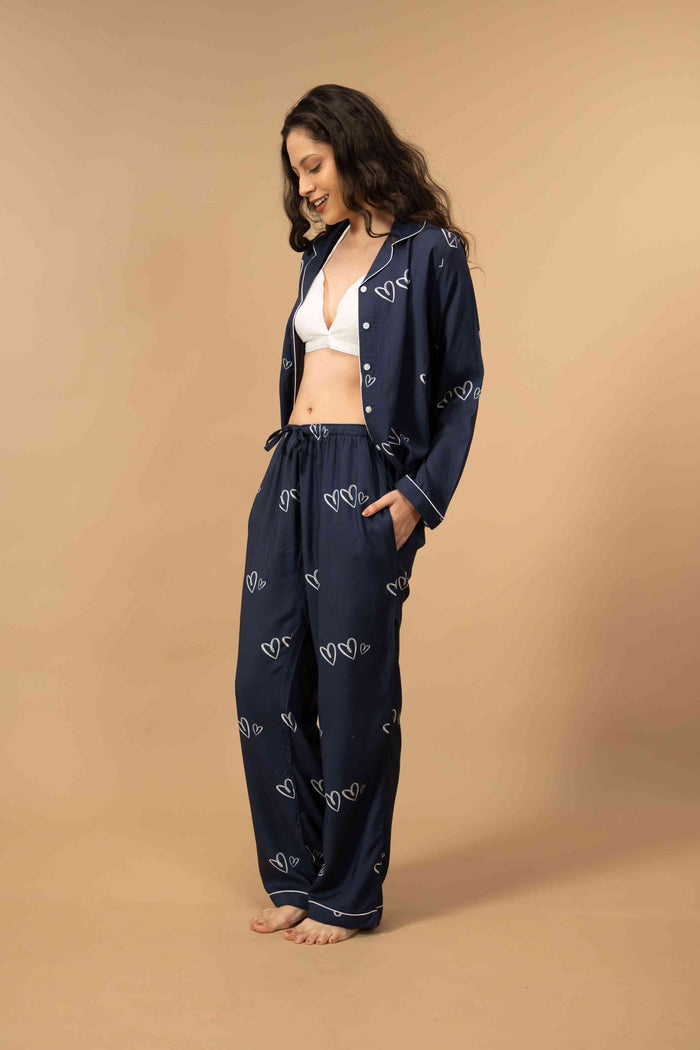 Zoey Heart Viscose Women's Pajama Set - Full Sleeves