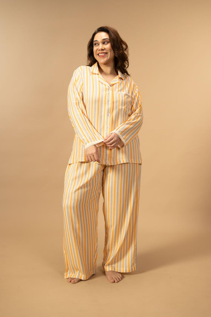Honey Stripe Viscose Women's Curve Pajama Set - Full Sleeves