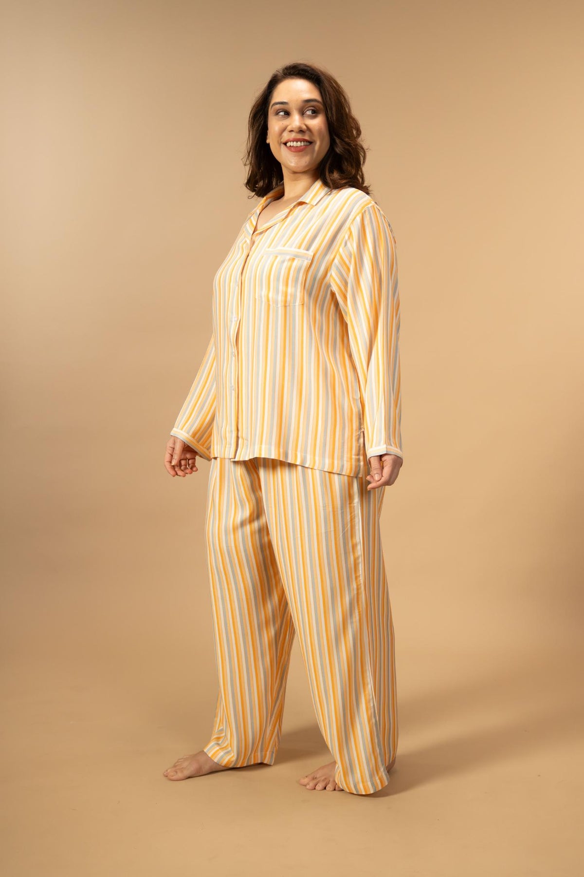 Honey Stripe Viscose Women's Curve Pajama Set - Full Sleeves