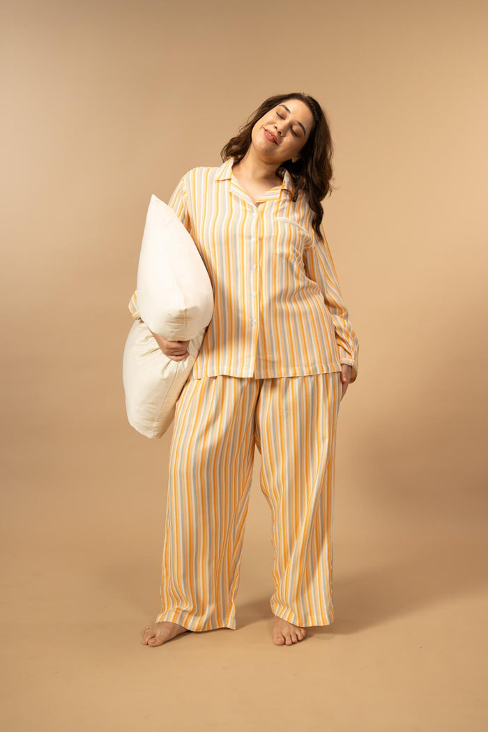 Honey Stripe Viscose Women's Curve Pajama Set - Full Sleeves
