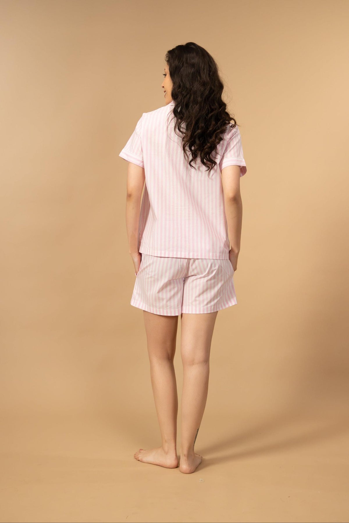 Candy Cane Pink Cotton Women's Shorts Set - Half Sleeves