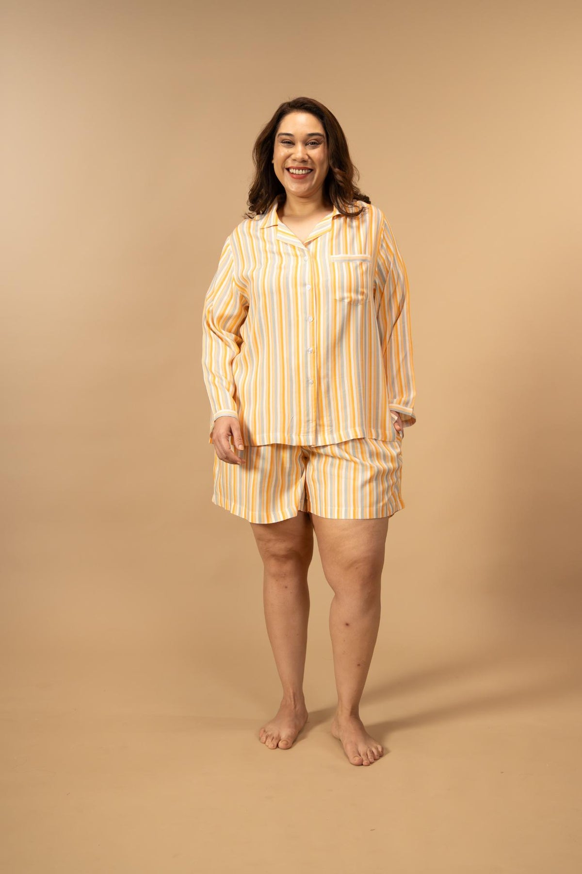 Honey Stripe Viscose Women's Curve Shorts Set - Full Sleeves