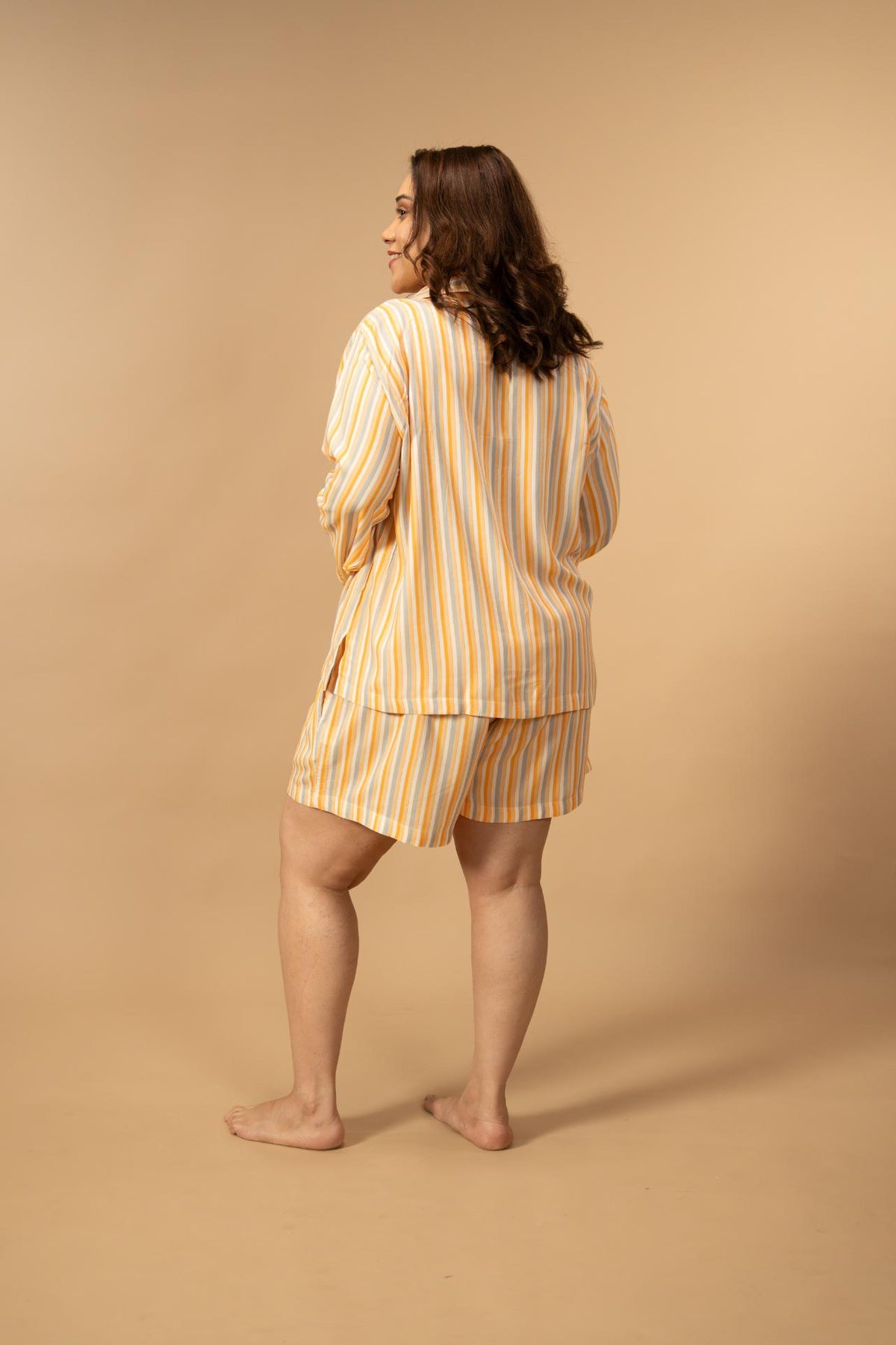 Honey Stripe Viscose Women's Curve Shorts Set - Full Sleeves