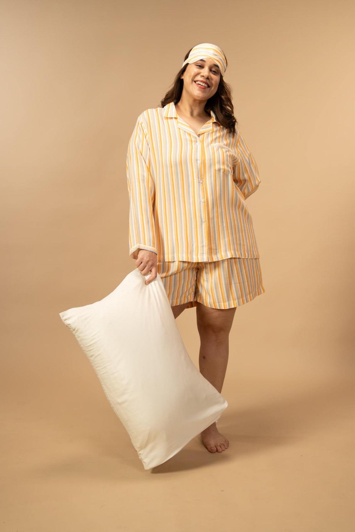 Honey Stripe Viscose Women's Curve Shorts Set - Full Sleeves