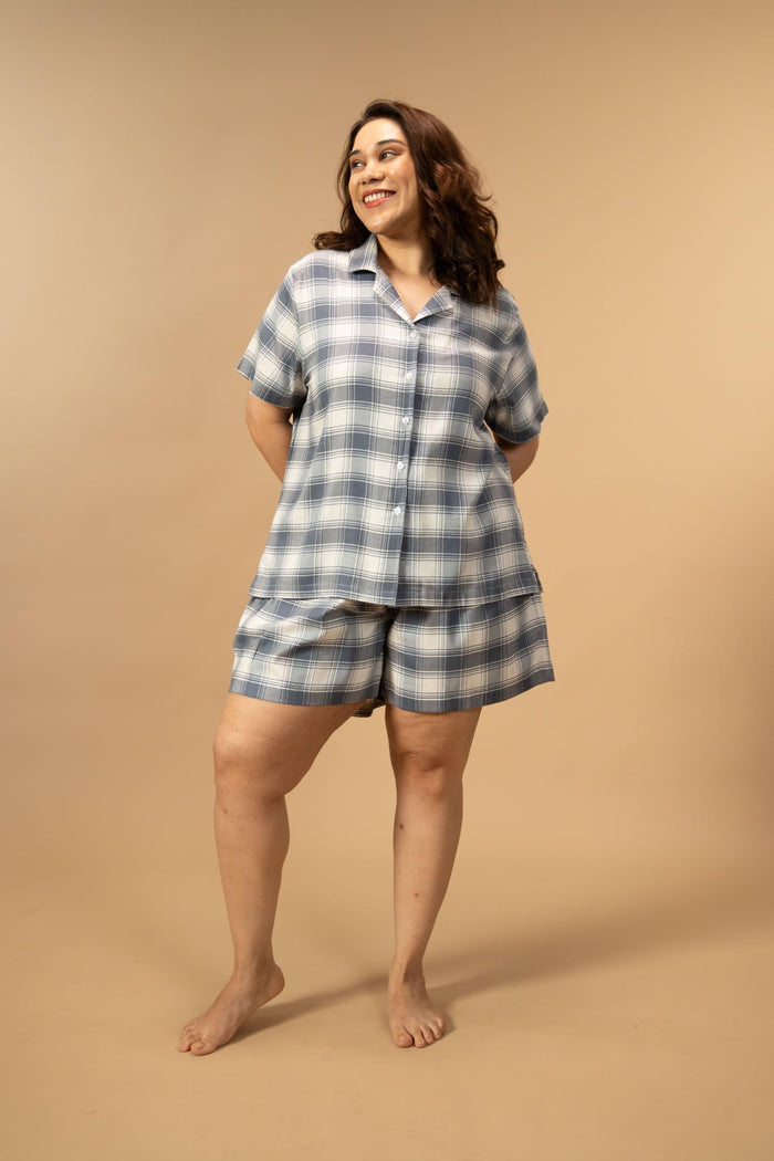 Eva Check Cotton Women's Curve Shorts Set - Half Sleeves