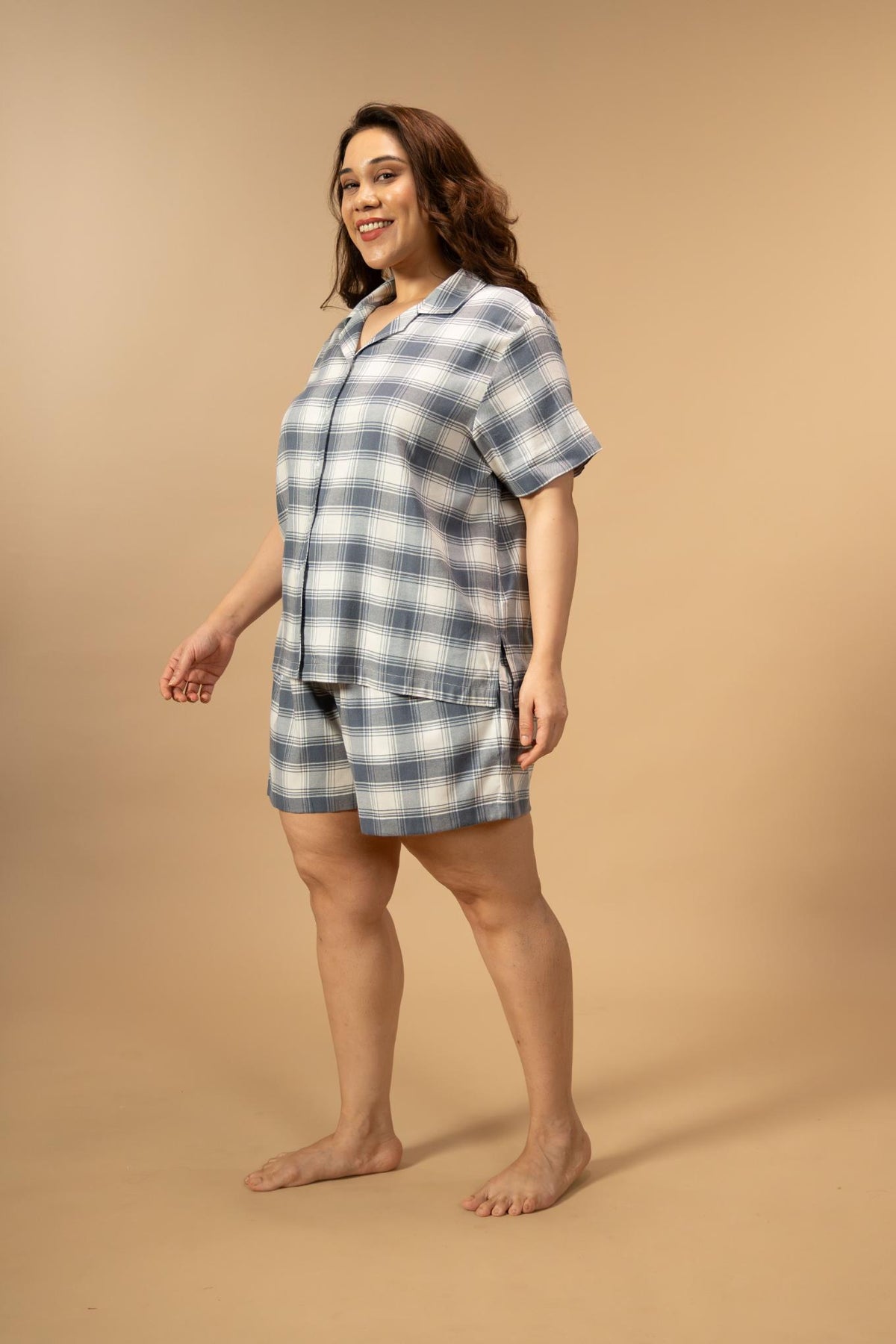 Eva Check Cotton Women's Curve Shorts Set - Half Sleeves