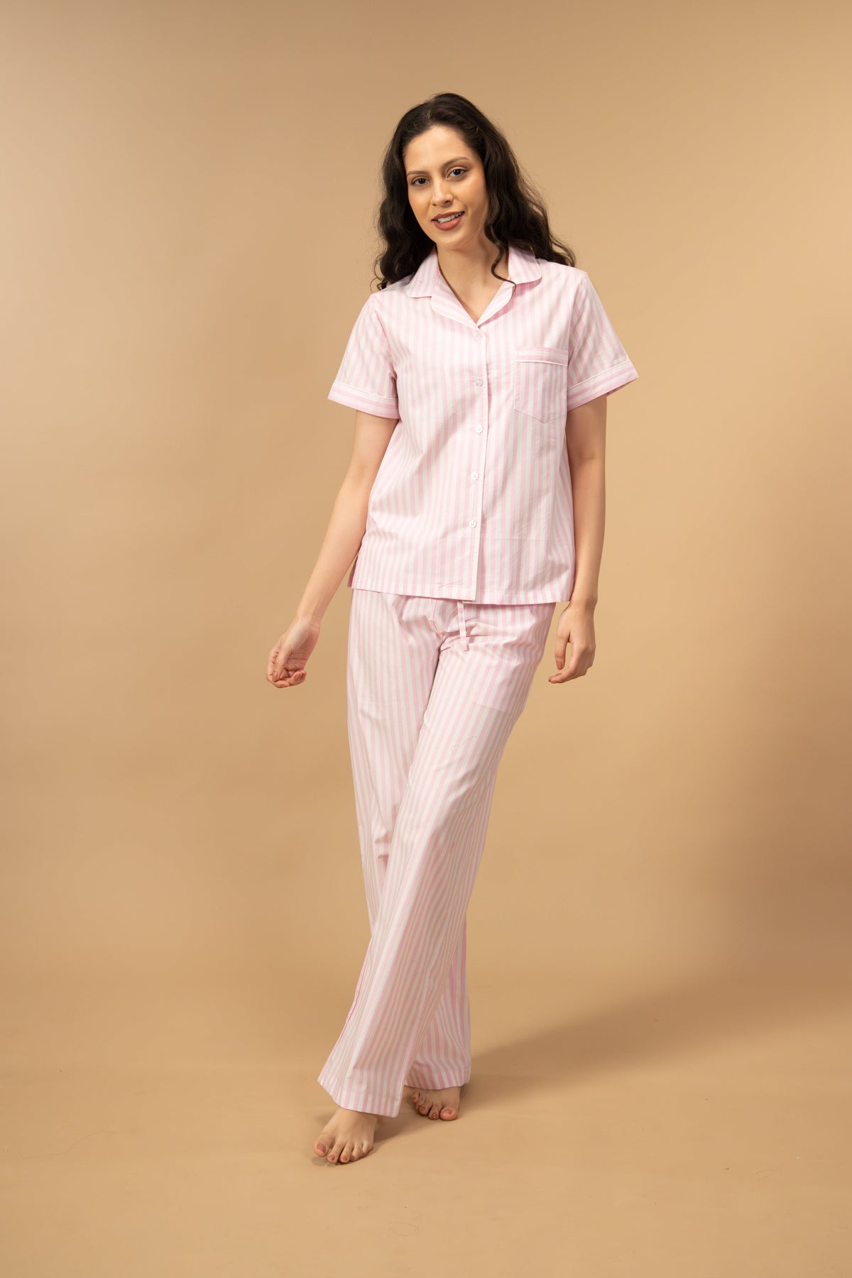 Candy Cane Pink Cotton Women's Pajama Set - Half Sleeves