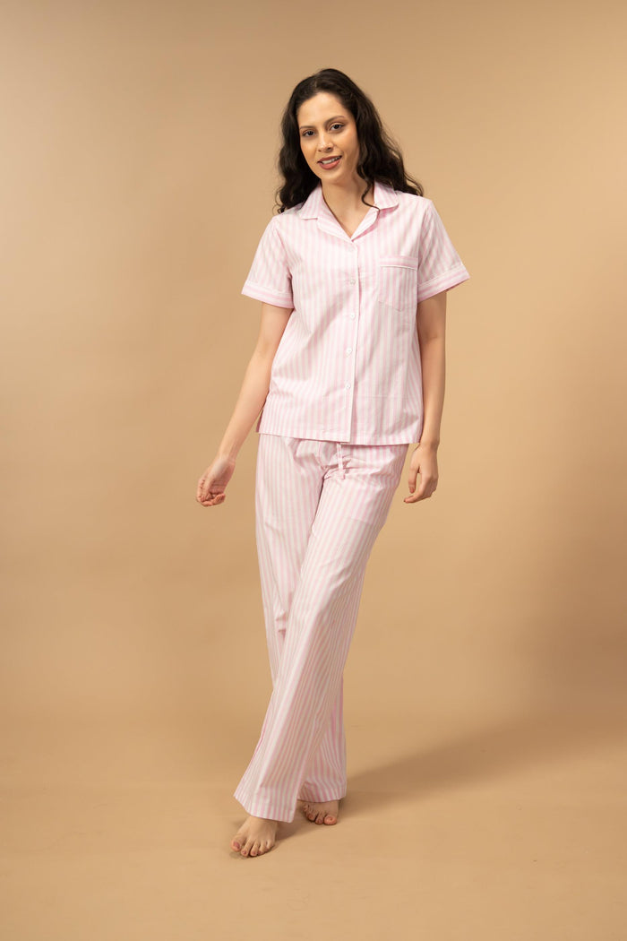 Candy Cane Pink Cotton Women's Pajama Set - Half Sleeves