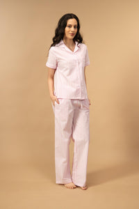 Candy Cane Pink Cotton Women's Pajama Set - Half Sleeves
