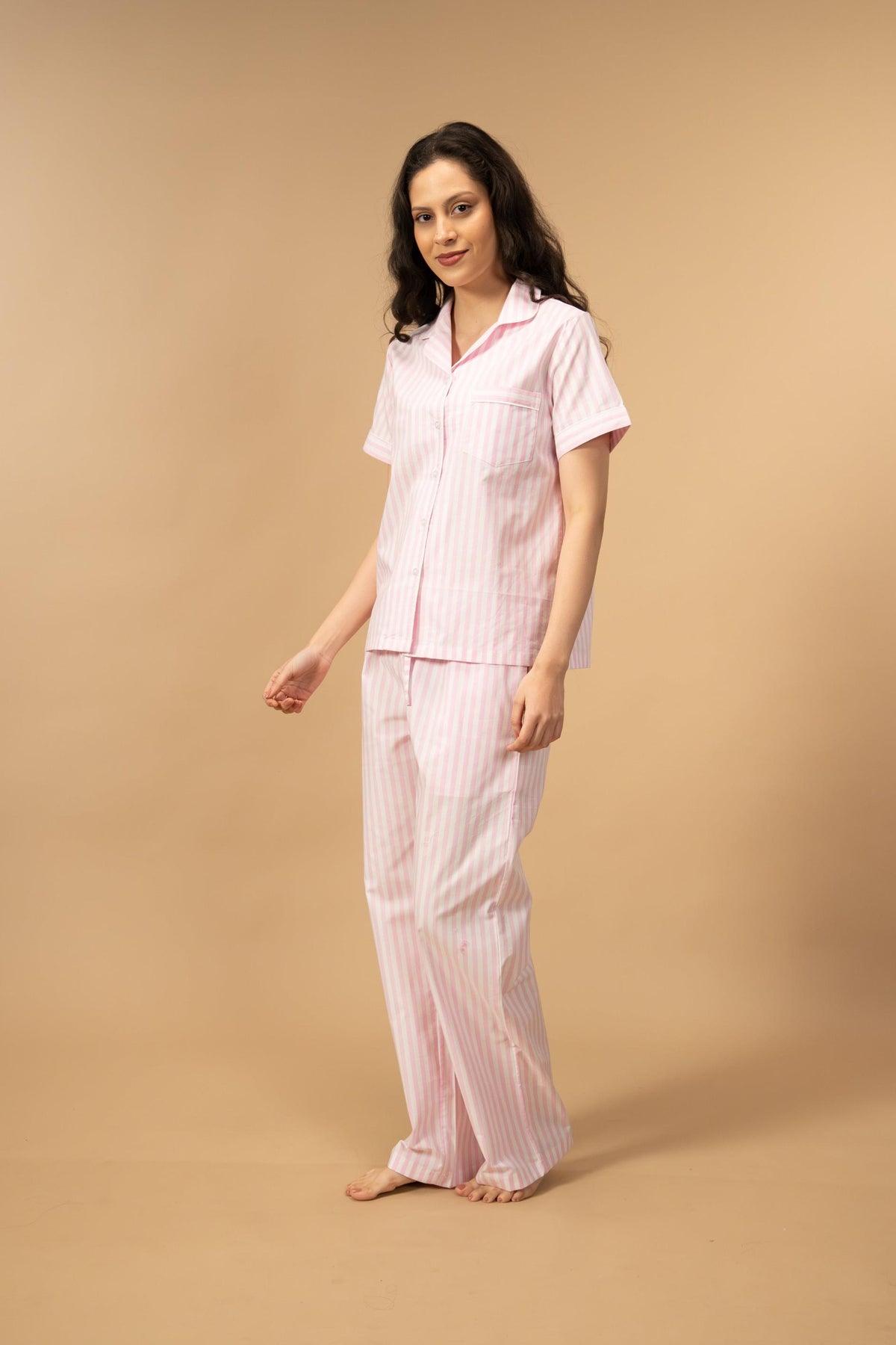 Candy Cane Pink Cotton Women's Pajama Set - Half Sleeves