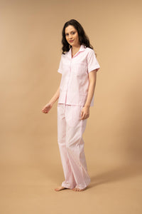 Candy Cane Pink Cotton Women's Pajama Set - Half Sleeves