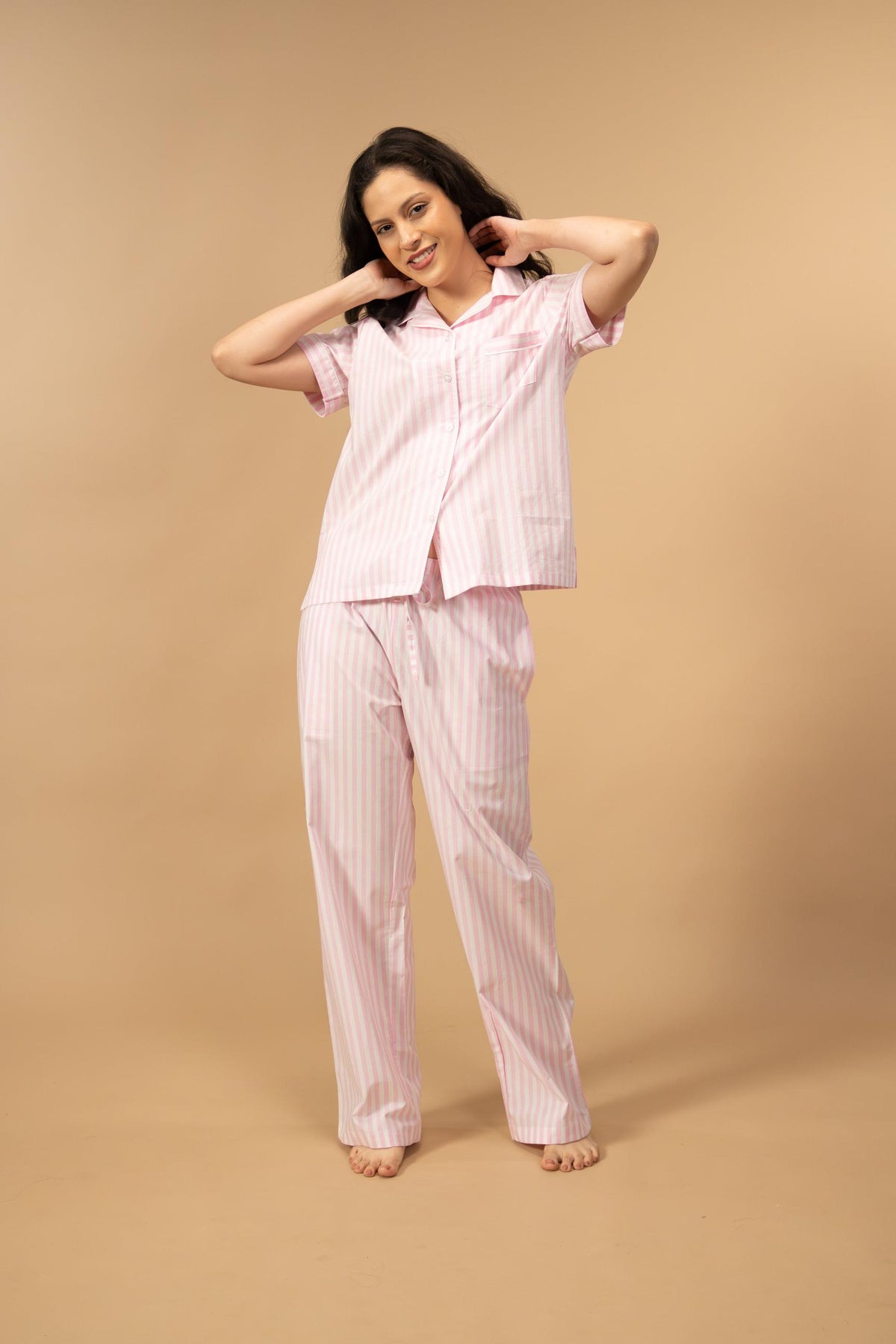 Candy Cane Pink Cotton Women's Pajama Set - Half Sleeves
