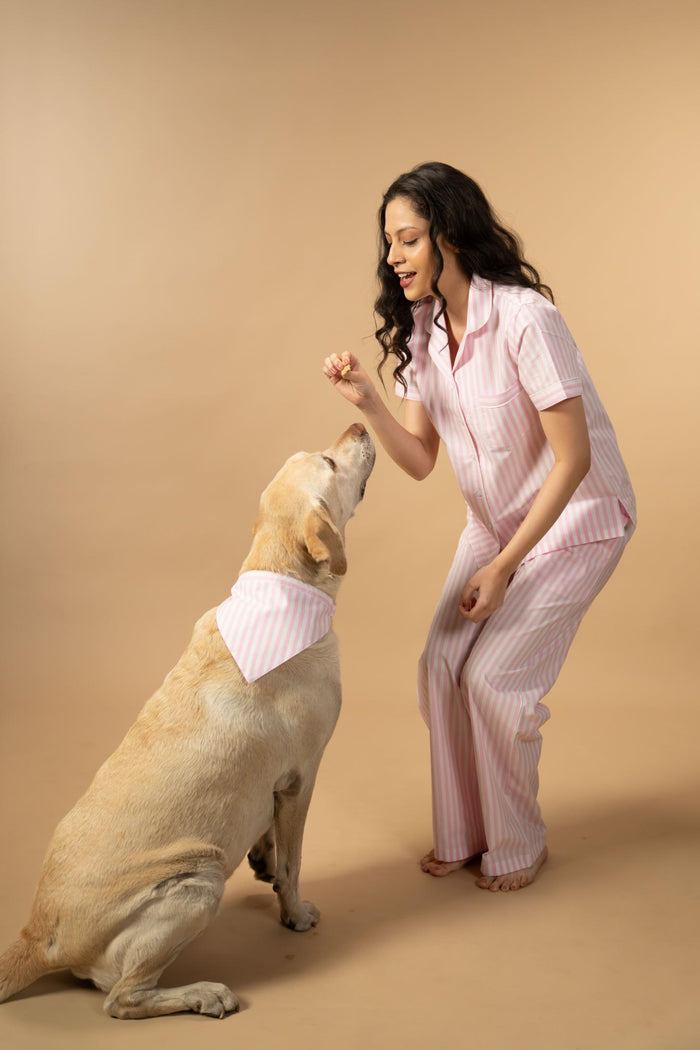 Candy Cane Pink Cotton Women's Pajama Set - Half Sleeves