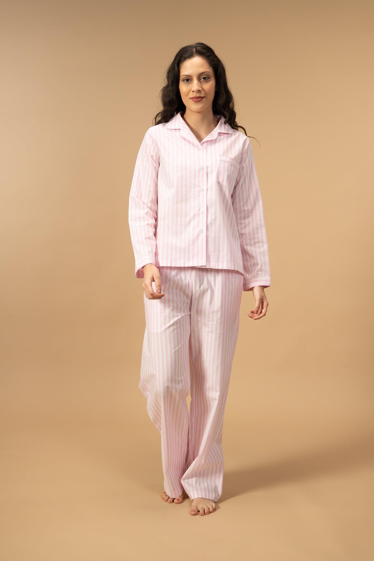 Candy Cane Pink Cotton Women's Pajama Set - Full Sleeves