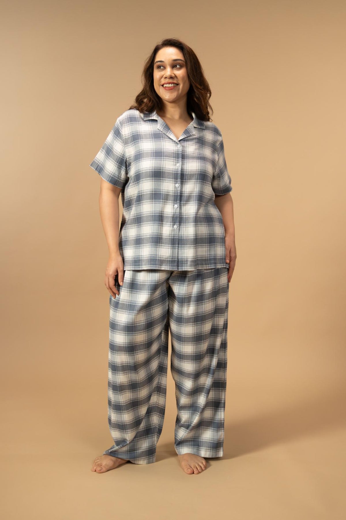 Eva Check Cotton Viscose Women's Curve Pajama Set - Half Sleeves