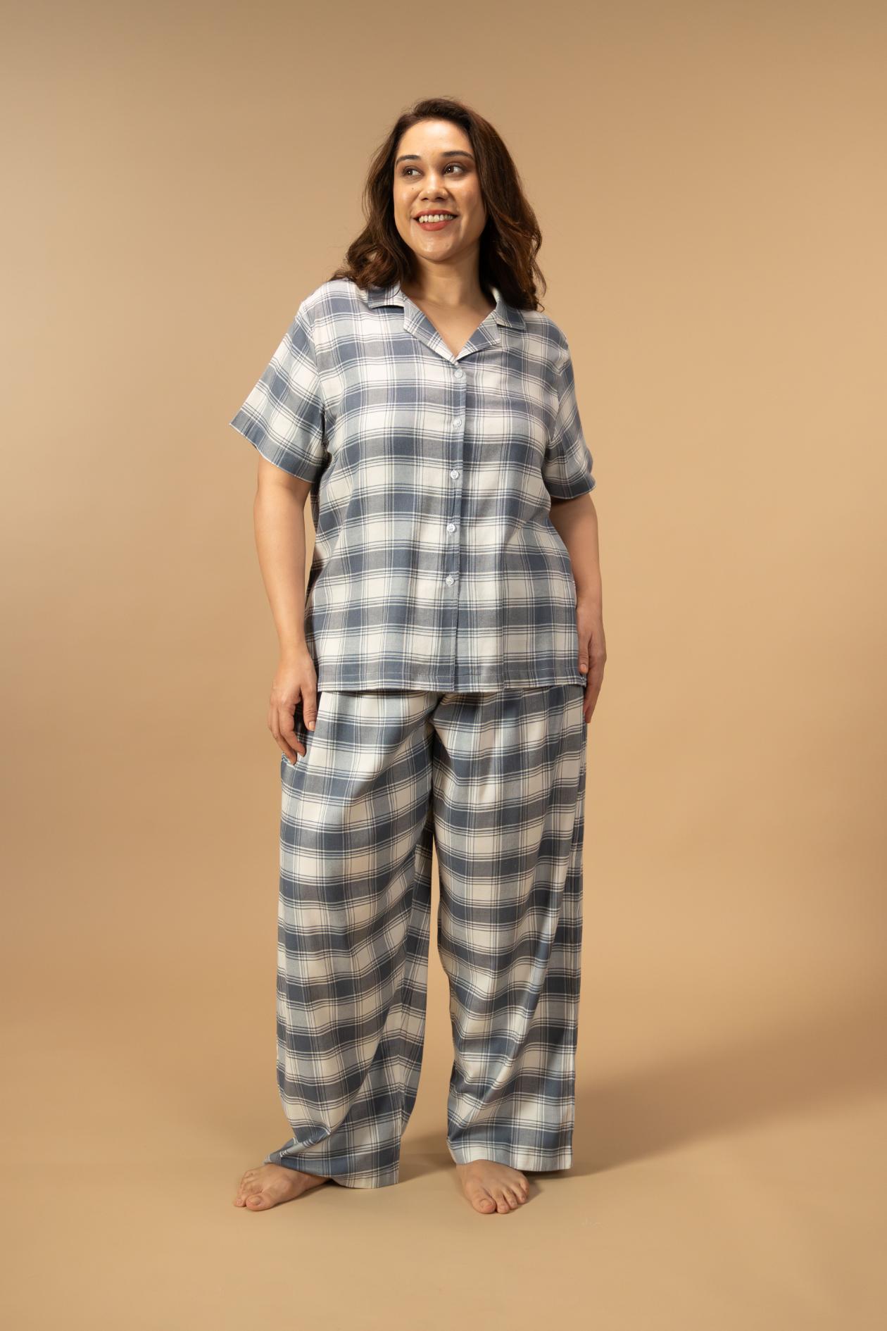 Eva Check Cotton Viscose Women's Curve Pajama Set - Half Sleeves
