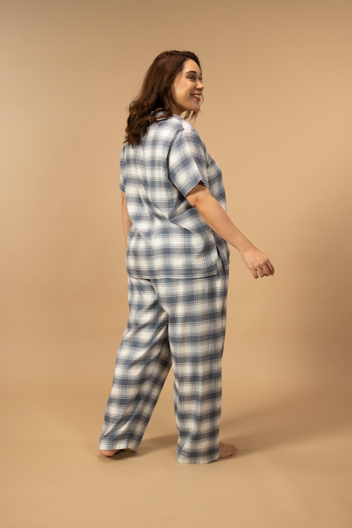 Eva Check Cotton Viscose Women's Curve Pajama Set - Half Sleeves