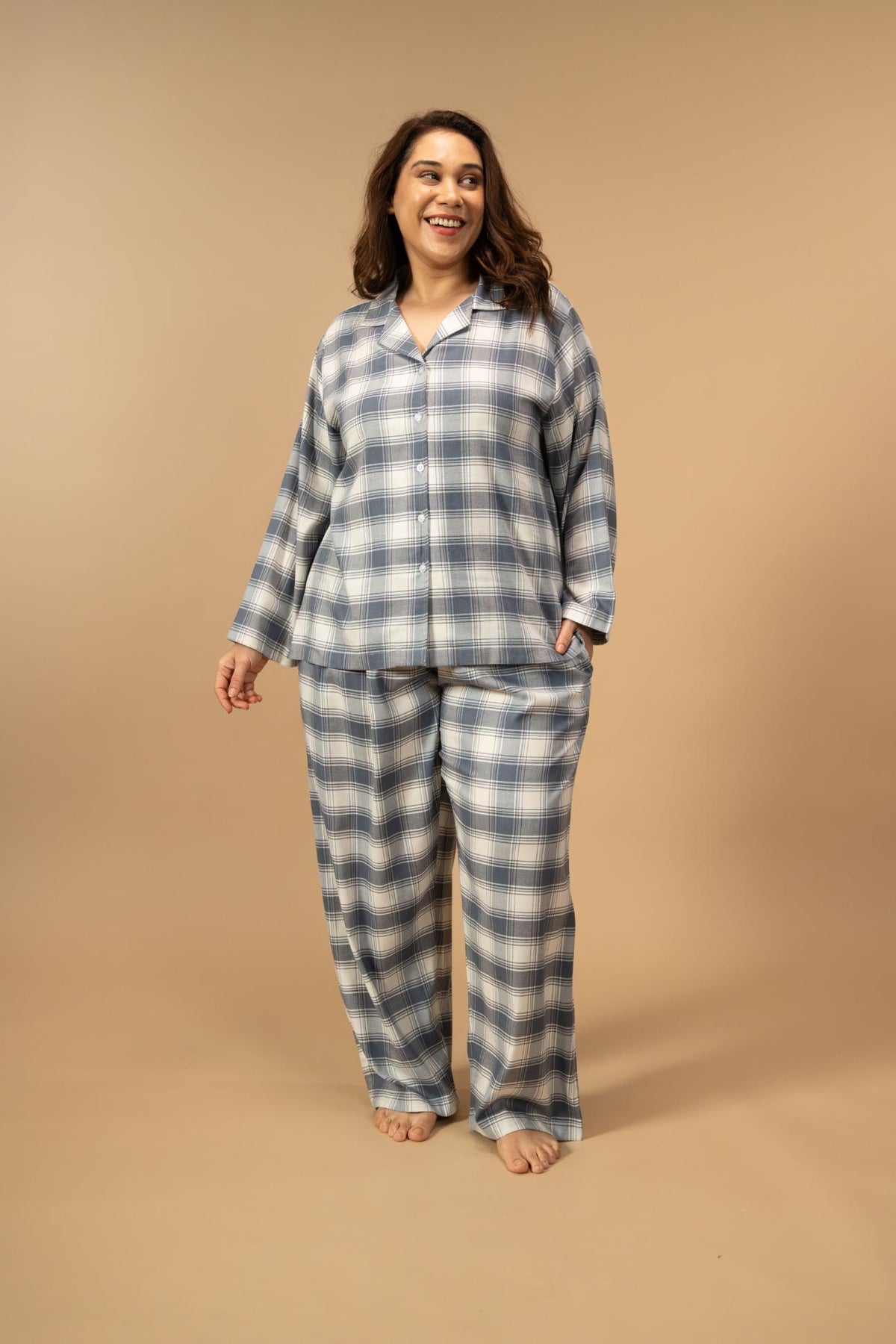 Eva Check Cotton Women's Curve Pajama Set - Full Sleeves