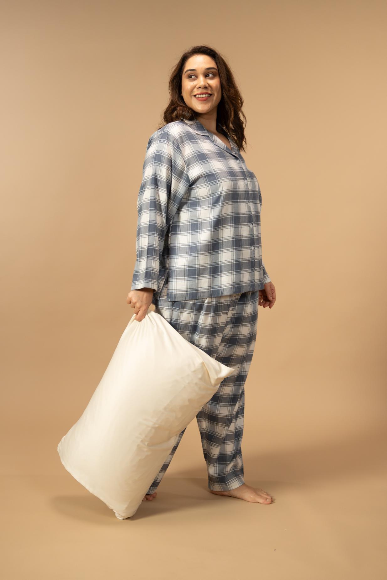 Eva Check Cotton Women's Curve Pajama Set - Full Sleeves