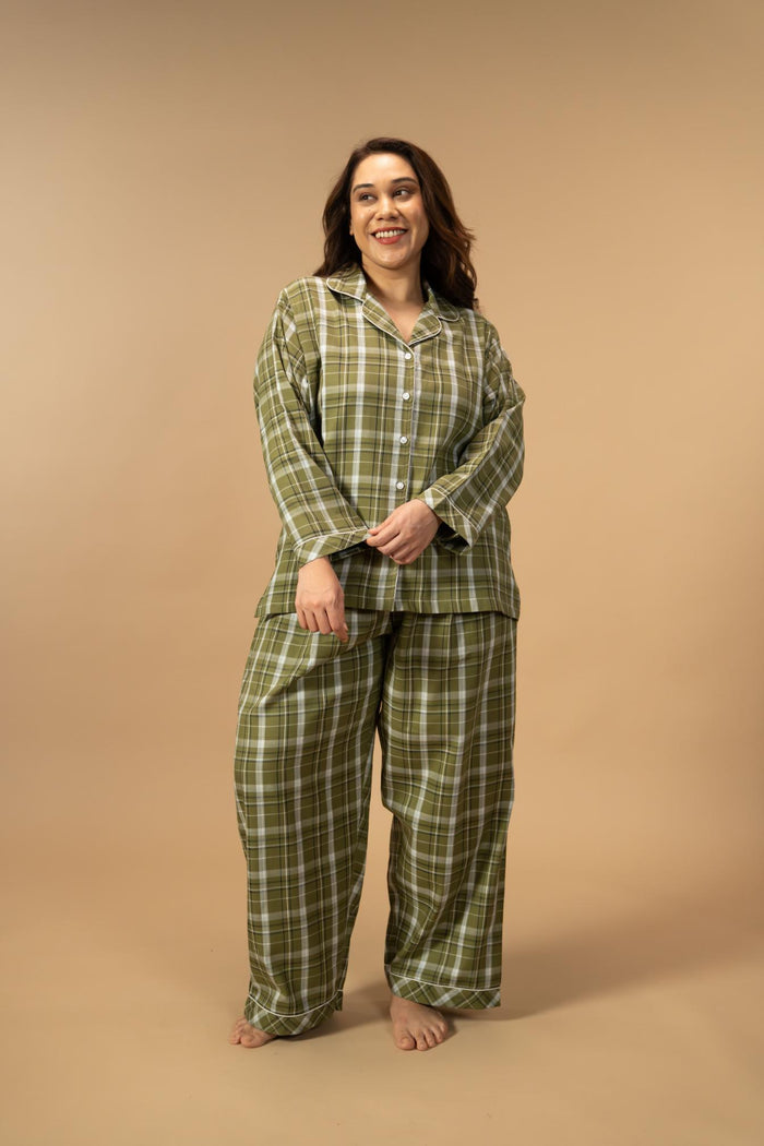 Olive Green Check Cotton Twill Women's Curve Pajama Set - Full Sleeves