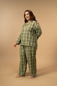 Olive Green Check Cotton Twill Women's Curve Pajama Set - Full Sleeves