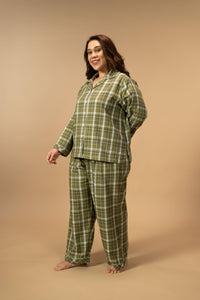 Olive Green Check Cotton Twill Women's Curve Pajama Set - Full Sleeves