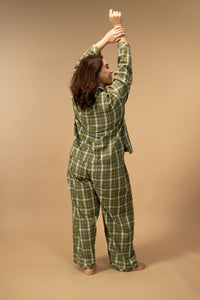 Olive Green Check Cotton Twill Women's Curve Pajama Set - Full Sleeves