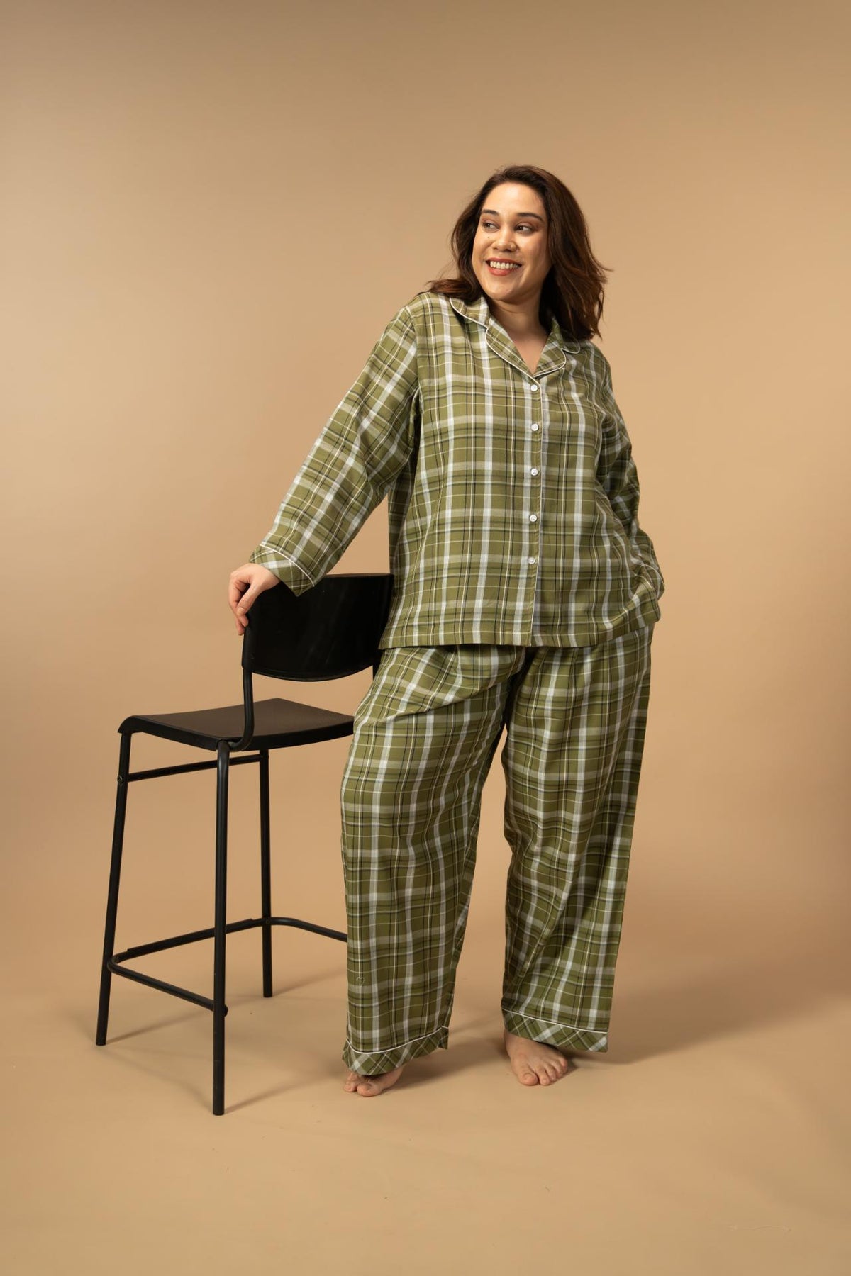 Olive Green Check Cotton Twill Women's Curve Pajama Set - Full Sleeves