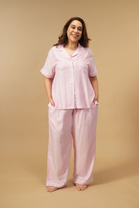 Pink and White Pinstripe Cotton Women's Curve Pajama Set - Half Sleeves